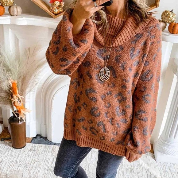 easel Sweaters - Easel cinnamon leopard print cowl neck, off-shoulder balloon sleeve sweater, LG